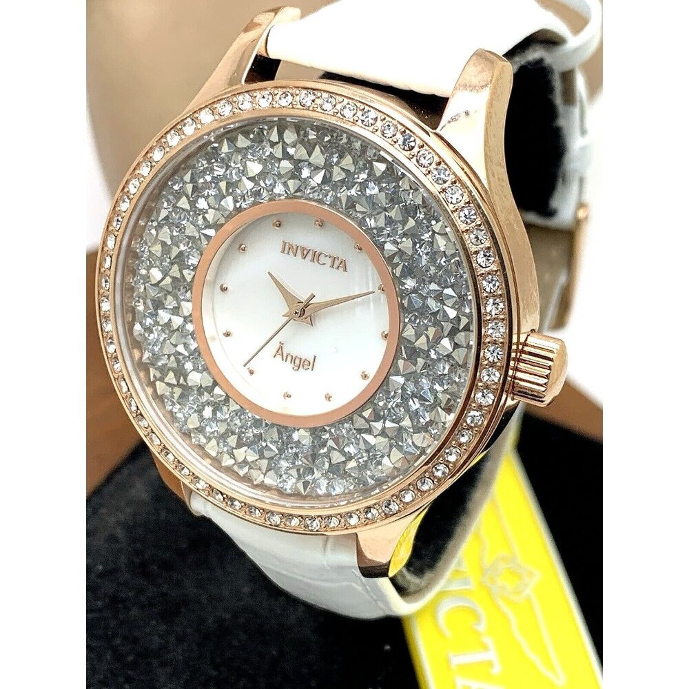 Invicta Womens Watch 24588 Angel Quartz Rose Gold Silver White Leather Band 40mm